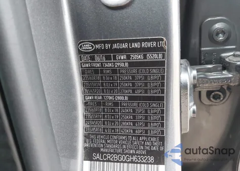 2016 Land Rover Discovery Sport Hse из США, поврежденный, VIN SALCR2BG0GH633238